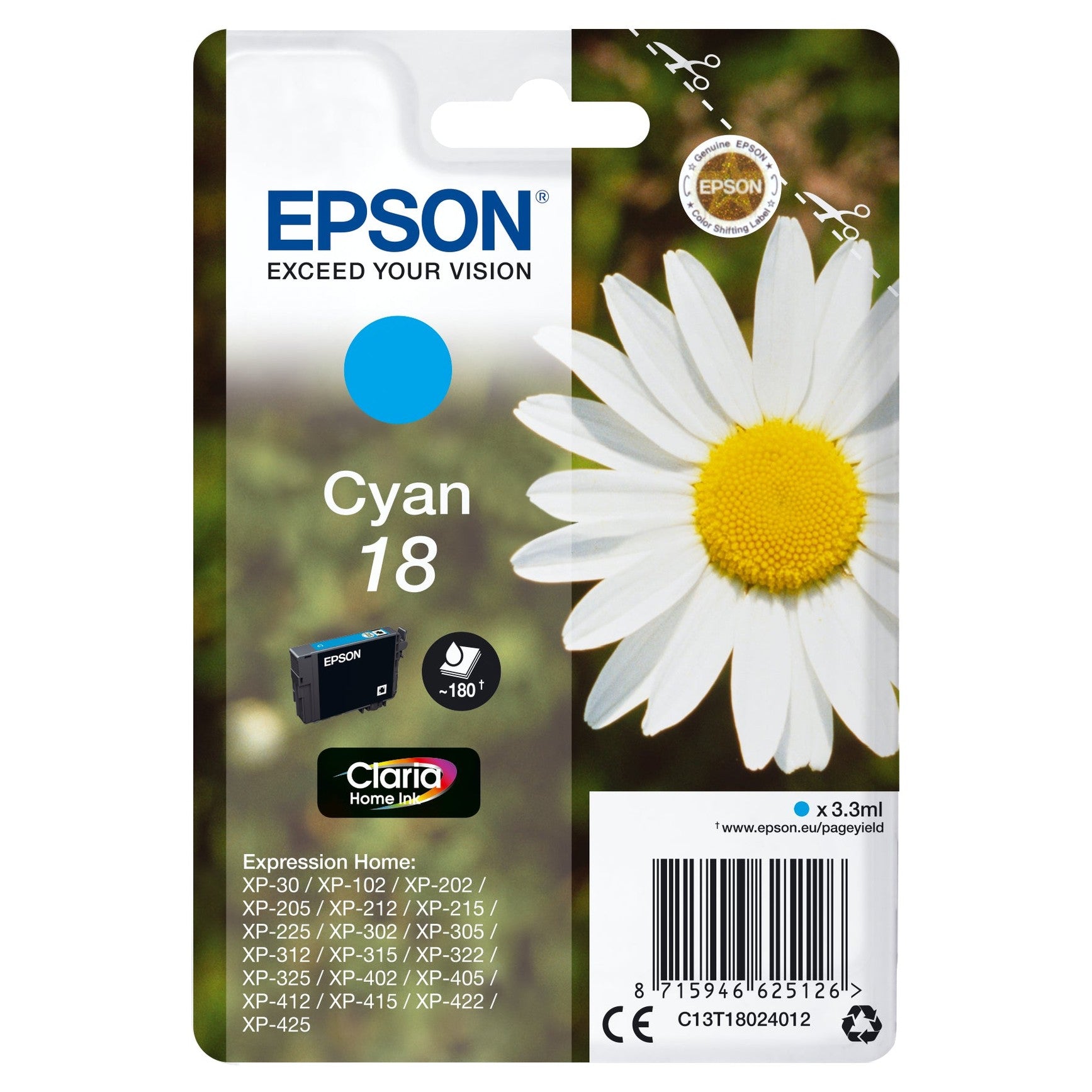 Tinteiro EPSON 18 Ciano - XP-30/x02/x05/x12/x15/x22/x25