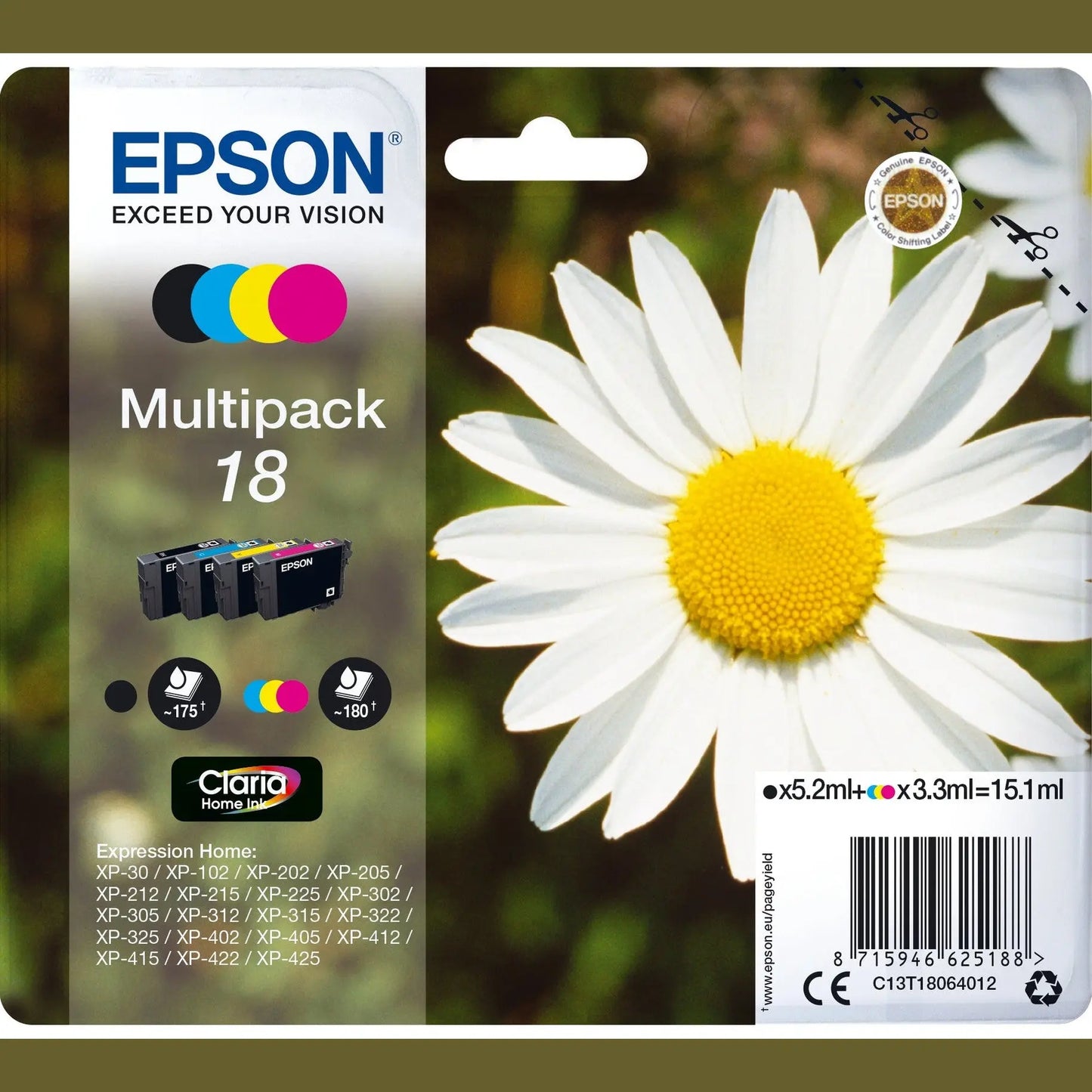 Tinteiro Epson 18 multipack com 4 cores compatível com XP-30, X02 e X05, visível na imagem com pacote de impressora.