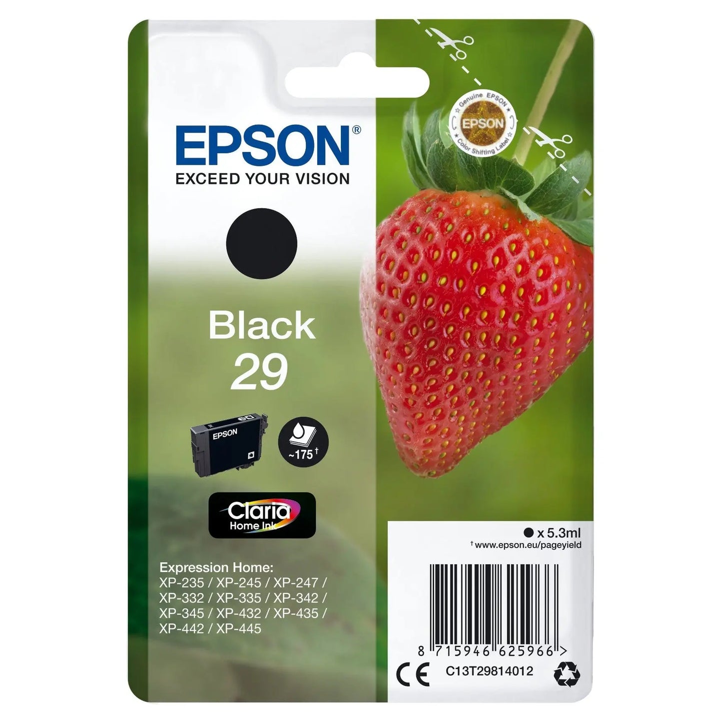 Tinteiro Epson 29 Preto para impressoras XP-255, 257, 352, 355, 452, 455, mostrando cartucho de tinta preto.