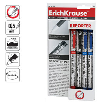 Conjunto de 4 esferográficas de gel EK Reporter da Erichkrause com ponta de 0,5mm e cores variadas para escrita precisa.