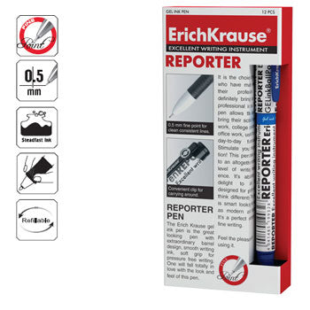 Conjunto de 12 esferográficas gel Erichkrause EK Reporter azul com ponta de 0,5mm, destaque para escrita suave e cores vibrantes