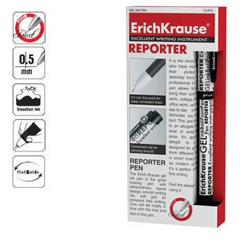 Kit com 12 esferográficas gel EK Reporter preto, caneta de 0,5mm da marca Erichkrause, com corpo transparente.