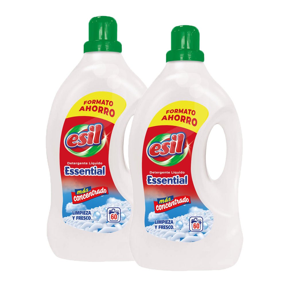Detergente líquido Esil para máquina de roupas, pack com 2 unidades, cada uma com 60 doses, embalagem com frascos de plástico