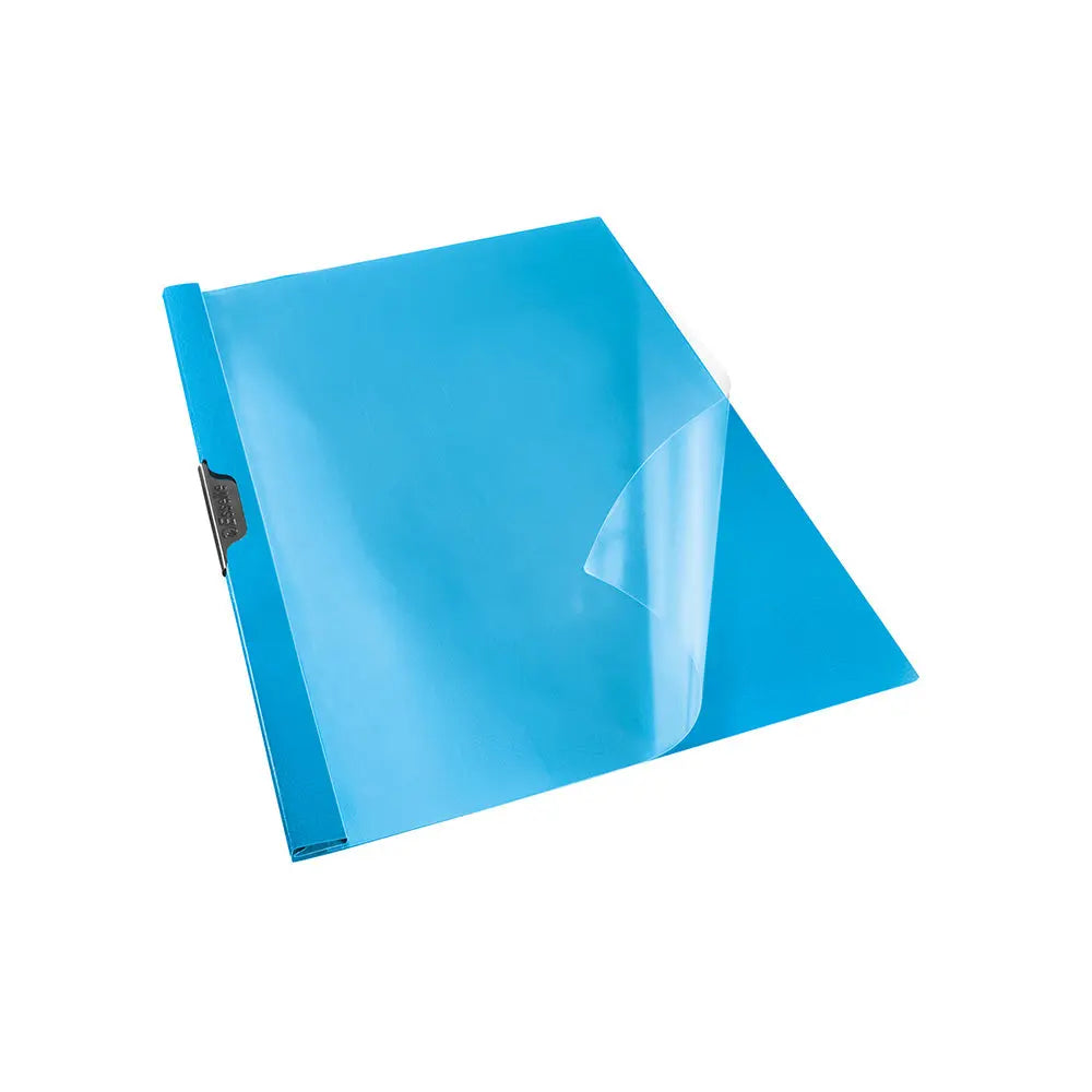 Classificador clip lateral azul Esselte de 3mm para 30 folhas, ideal para organização de documentos.