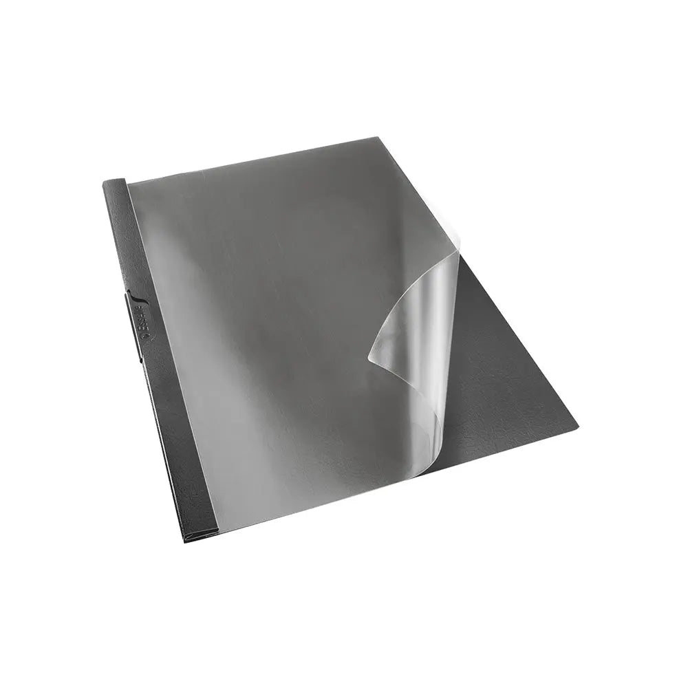 Classificador clip lateral preto Esselte, para 30 folhas, com abas de 3mm, ideal para organização de documentos.