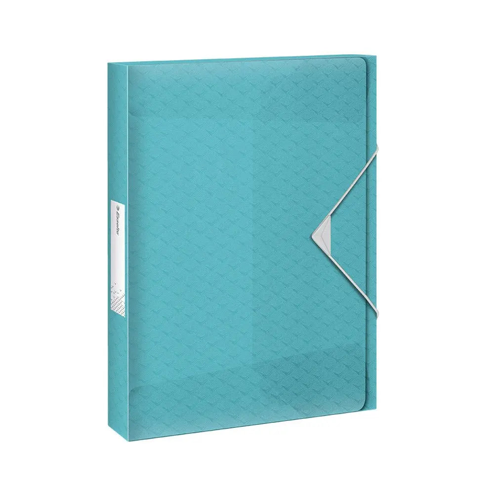 Pasta plástica azul com elásticos para documentos A4 da marca Esselte, ideal para organização de papéis e arquivos.