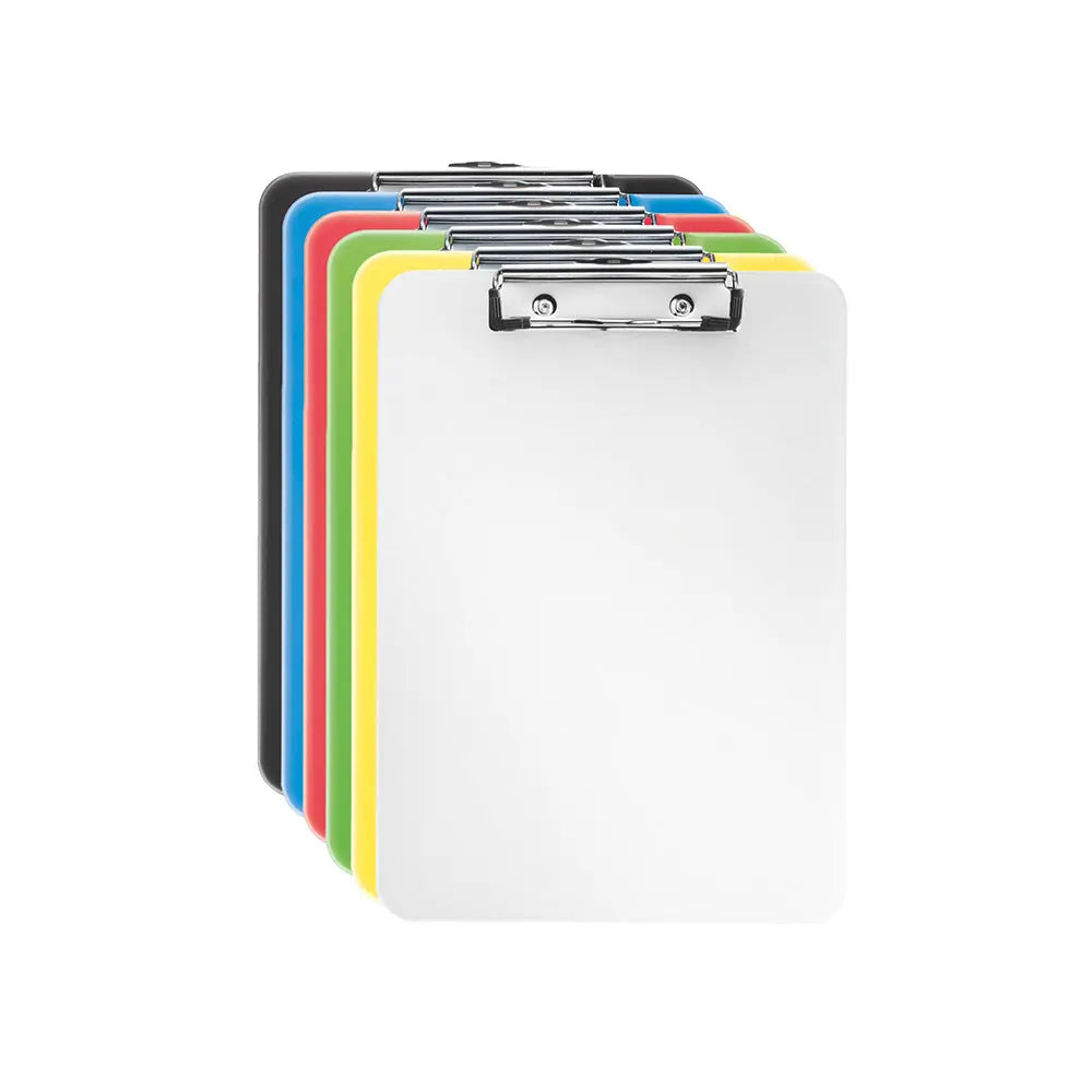 Prancheta A4 em PS com pinça da marca Esselte, em cores sortidas, ideal para organização de documentos e anotações.