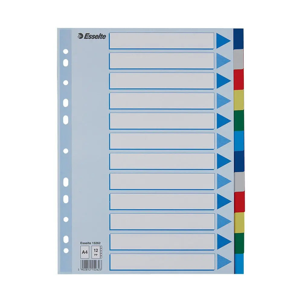 Separadores A4 de plástico Esselte com 12 pestanas, em cores sortidas, usados para organização de documentos.