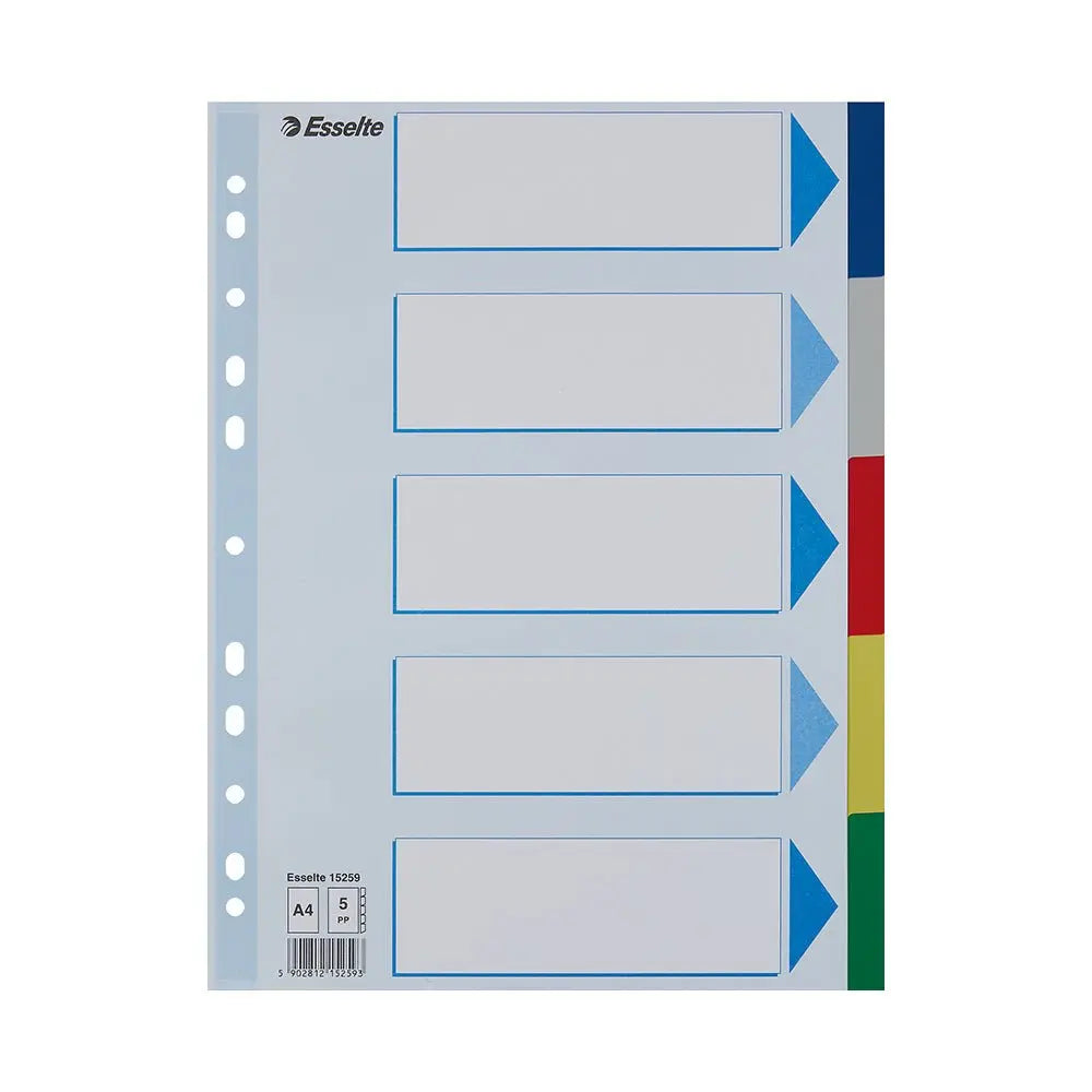 Separadores A4 de Polipropileno Esselte com 5 pestanas, em cores sortidas, separados por plástico resistente e durável.