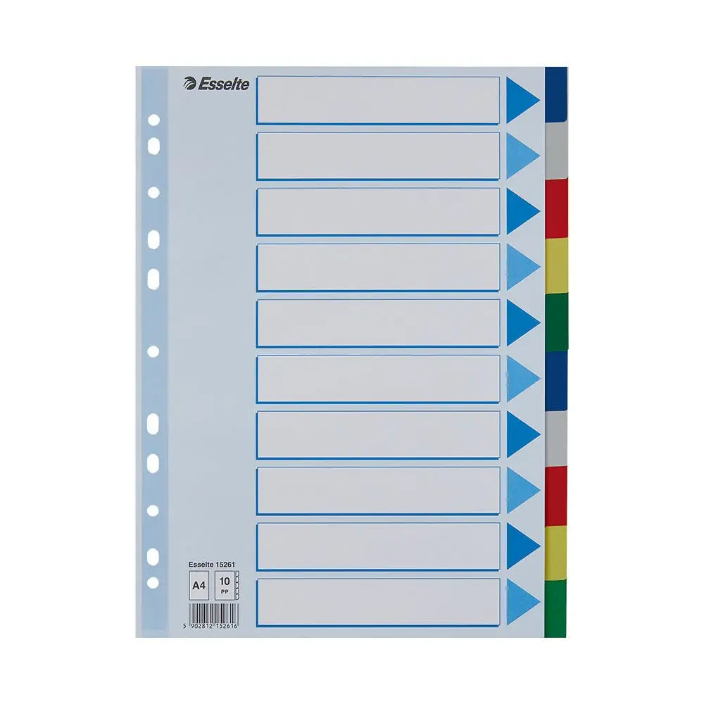 Separadores A4 em polipropileno colorido da Esselte com 10 pestanas para organização de documentos.