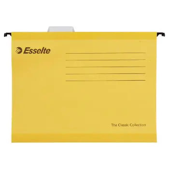 Capa suspender amarela da Esselte, tamanho A4 345x240mm, 25 unidades, com orifícios para encadernação suspensa.