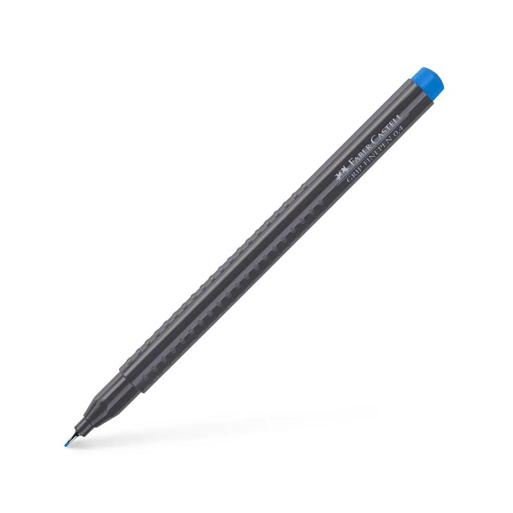 Marcador fino Faber-Castell 0,4mm azul Helio, caneta para desenho e escrita, exibido sobre fundo branco.