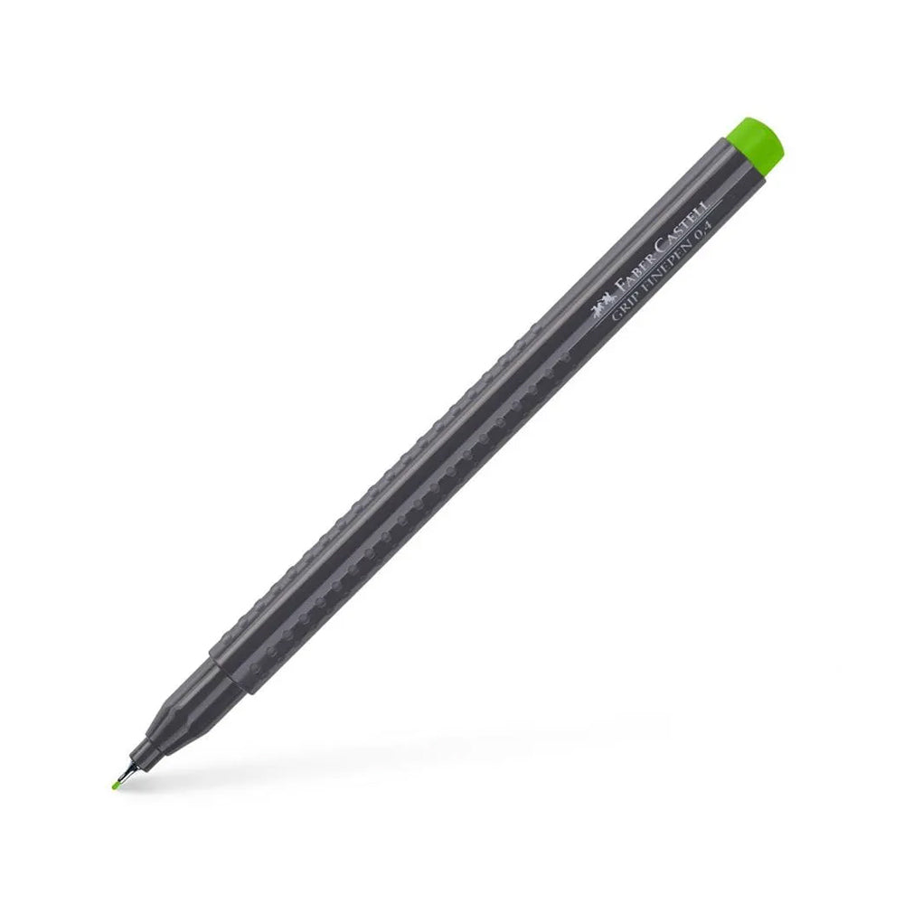 Marcador fino Faber-Castell 0,4mm verde erva, caneta de escrita precisa, mostrada na imagem com ponta fina e corpo verde.
