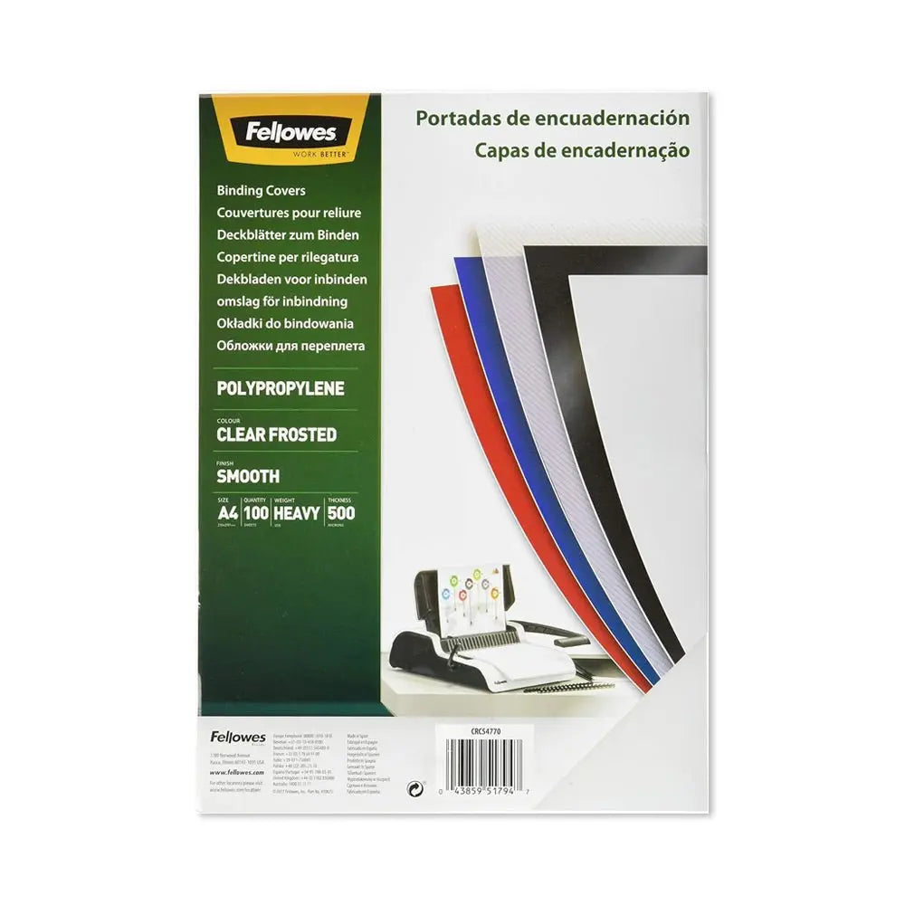 Capas de acetato para encadernação A4 transparente Fellowes, 500mic, pacote com 100 unidades.