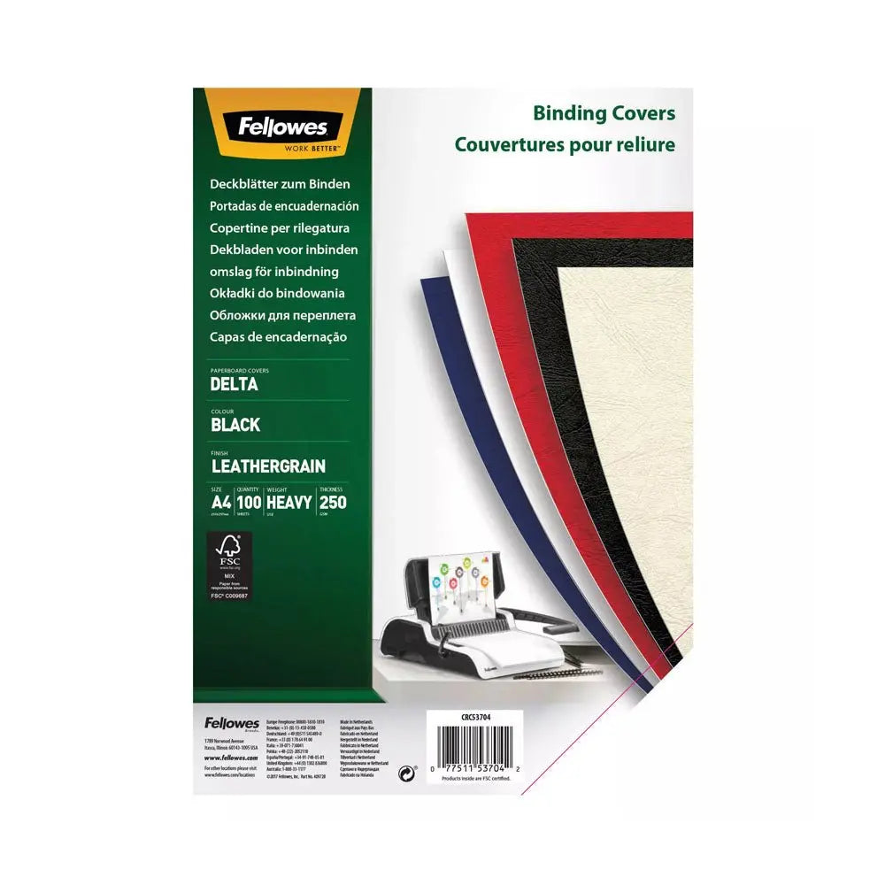 Capas de encadernação A4 Delta Couro Preto da Fellowes, 250g, 100 unidades, para encadernação de documentos.