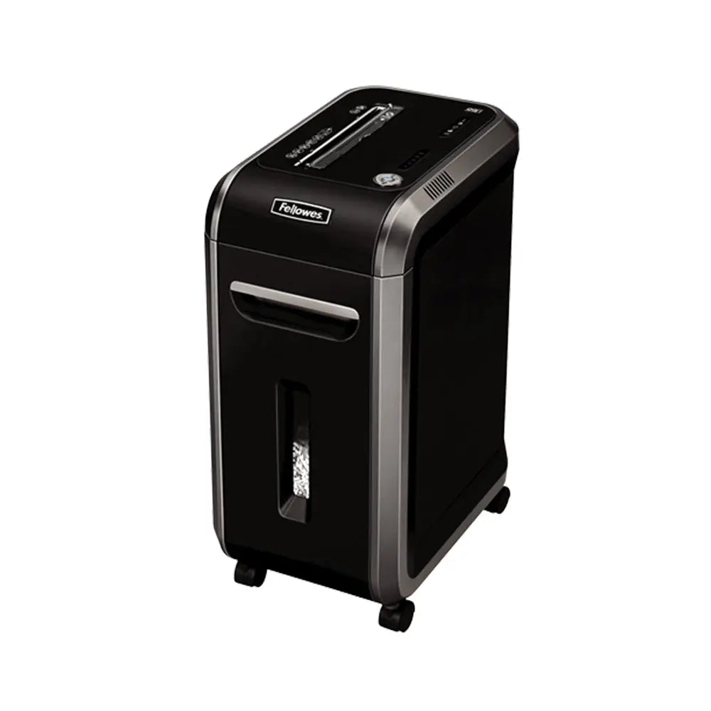 Destruidora de papel Fellowes 99Ci P4 com corte de partículas de 4x38mm, mostrando o interior e lâminas de corte.