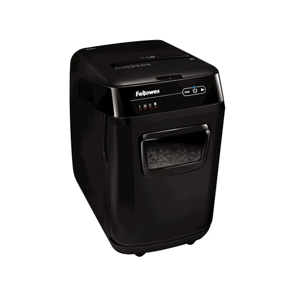 Destruidora de partículas Fellowes AutoMax 150C P4 com compartimento para 150 folhas, corte de partículas para segurança e privacidade.