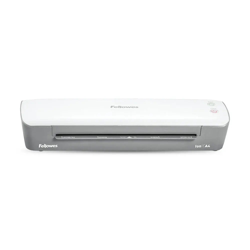 Plastificadora A4 Fellowes 125mic quente ION, alta qualidade, mostrada em funcionamento com papel inserido.
