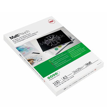 Bolsas de plastificação GBC A3 303x426mm 125mic Mate, pacote com 100 unidades para proteção e organização de documentos.
