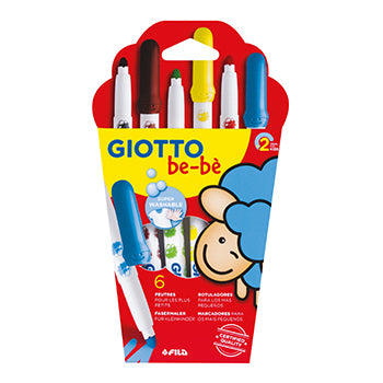 Conjunto de 6 marcadores feltro Giotto Be-Bé, ideal para desenhos e artes, com pontas finas e cores vibrantes.