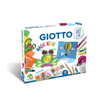 Conjunto Giotto Art Lab Magic Neon de 38 peças para arte e criatividade, com lápis, canetas e materiais coloridos.
