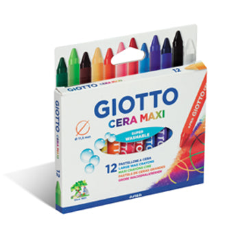 Lápis de Cera Giotto Maxi com 12 cores para desenho e arte, incluindo cores vibrantes e variadas.