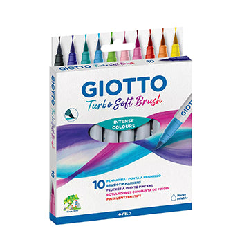 Marcadores Giotto Turbo Soft Brush com ponta de feltro, 10 cores para desenhos e aquarelas, em embalagem com marcadores alinhados