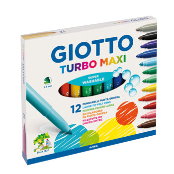 Conjunto de 12 marcadores feltro Giotto Turbo Maxi para escritório e arte, com ponta grossa para desenhos e escrita.