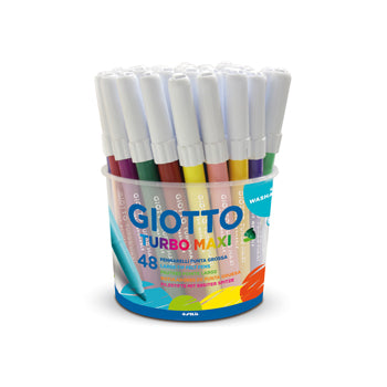 Marcador feltro Giotto Turbo Maxi com 48 cores, ideal para desenhos e artes, exibido com várias cores vibrantes.