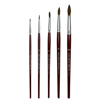 Conjunto de 5 pincéis redondos Giotto para guache e aquarela, tamanhos Nº1 a 10, com cabos coloridos e pontas finas.