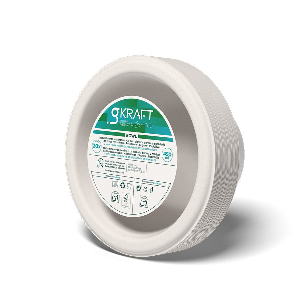 Tigelas de celulose branca de 450ml da gKRAFT, kit com 30 unidades, ideal para servir alimentos em eventos e festas.