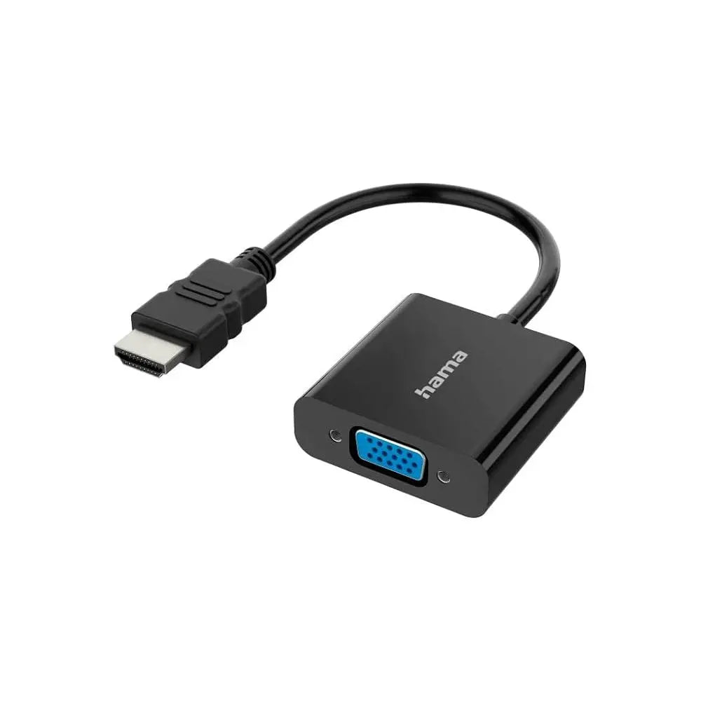 Adaptador HDMI macho para VGA fêmea Hama, 15cm, suporta Full HD 1080p, conecta dispositivos HDMI a monitores VGA.