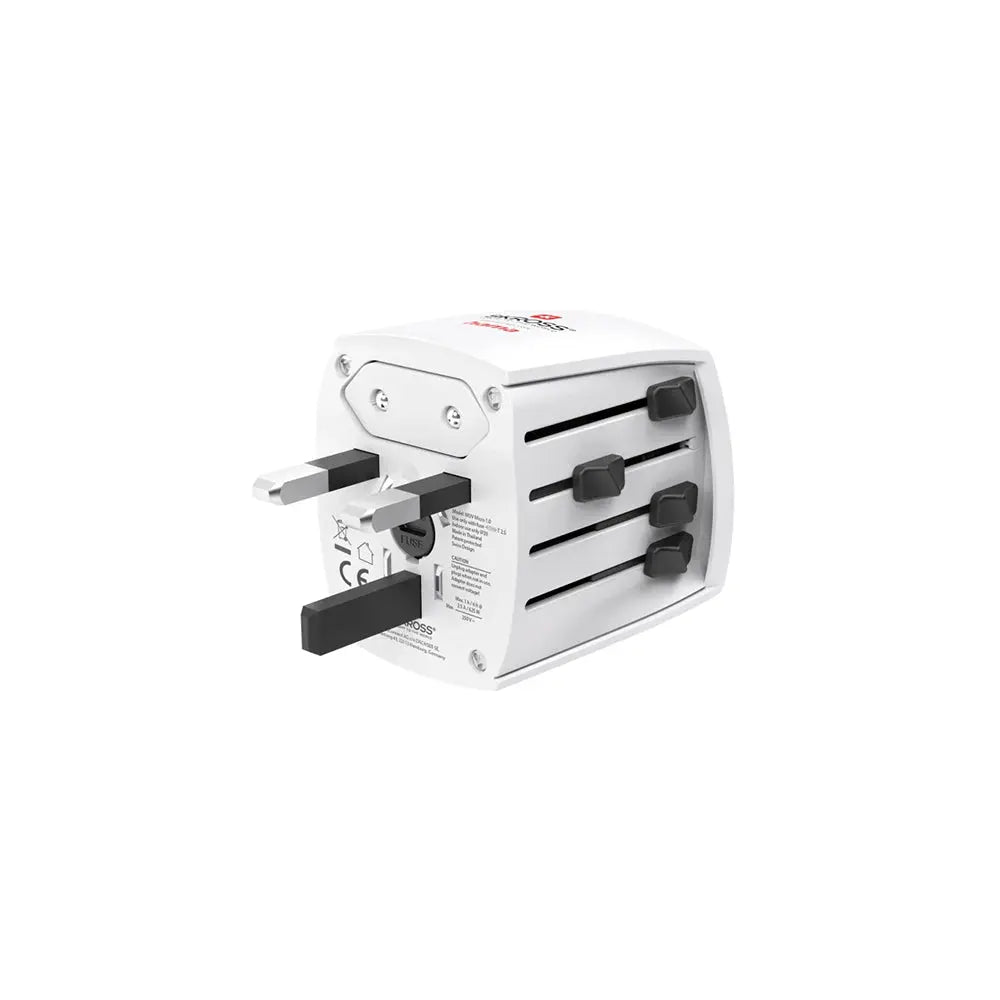 Adaptador de tomada universal para viagem Hama Muv Micro branco, compatível com diferentes países e padrões de energia.