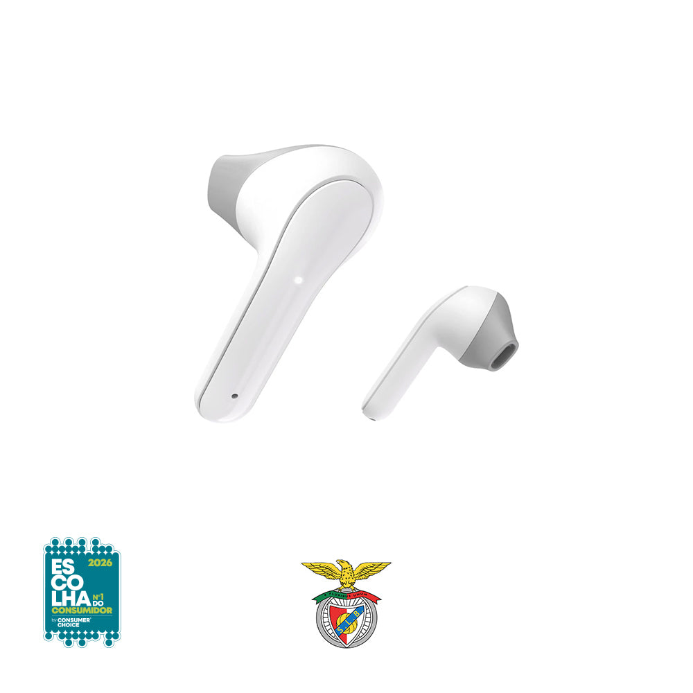 Auriculares Bluetooth Benfica Light Branco Hama, earbuds sem fio com design leve e elegante, visíveis na imagem.