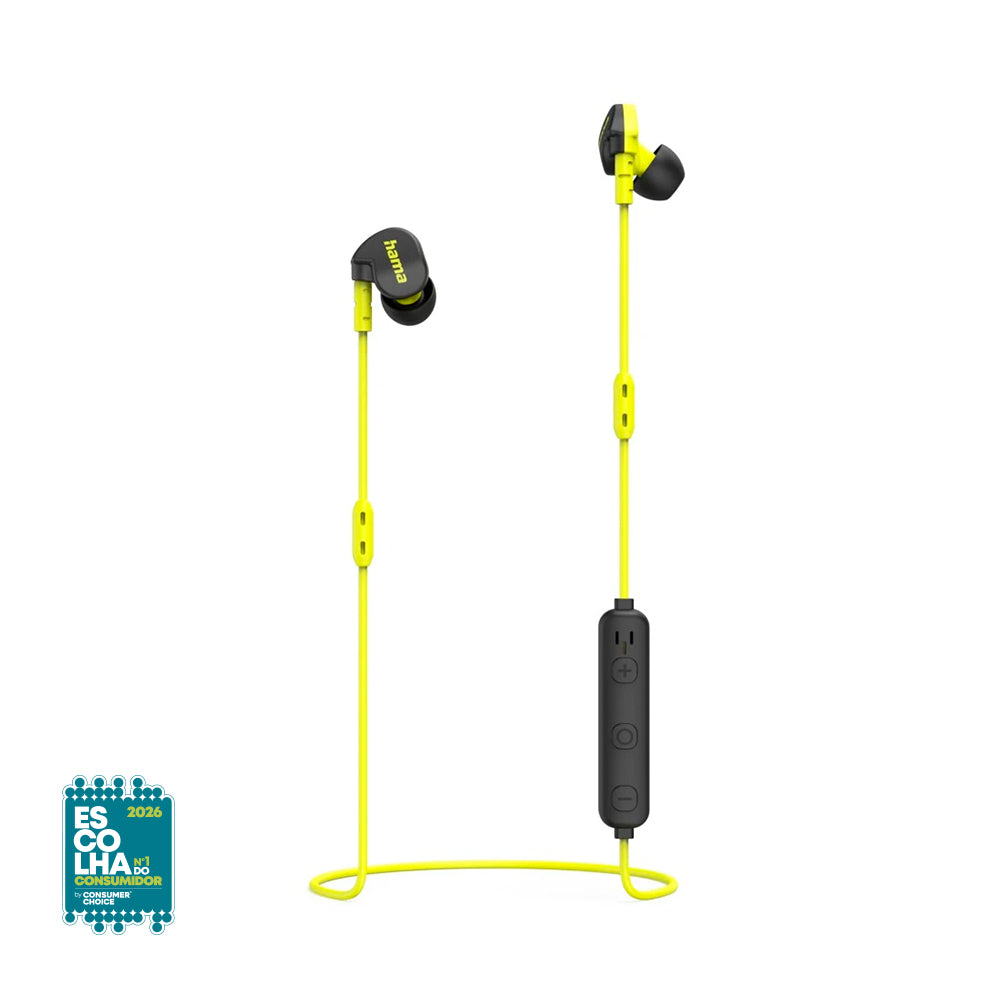 Auriculares Bluetooth Hama Freedom Athletics II amarelos e pretos para esportes, com acabamento confortável e design esportivo.