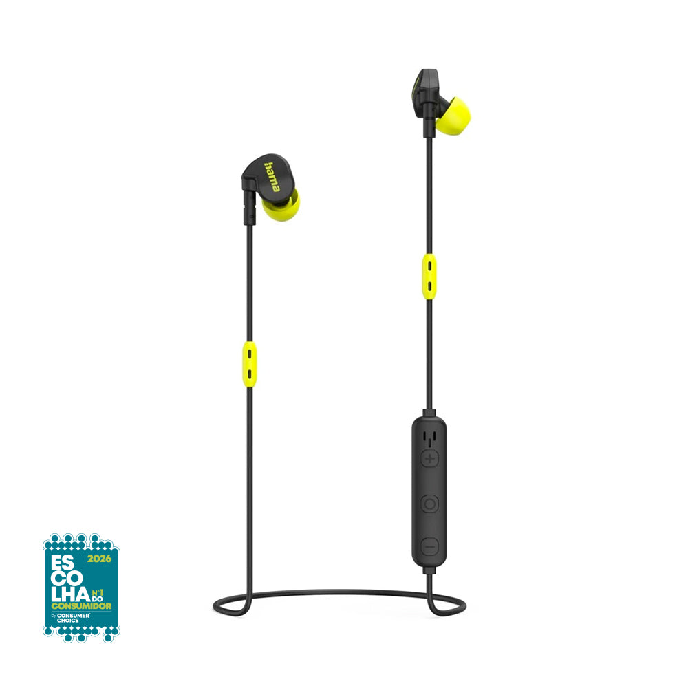 Auriculares Bluetooth Hama Freedom Athletics II pretos e amarelos para esporte, com design compacto e ajustável.