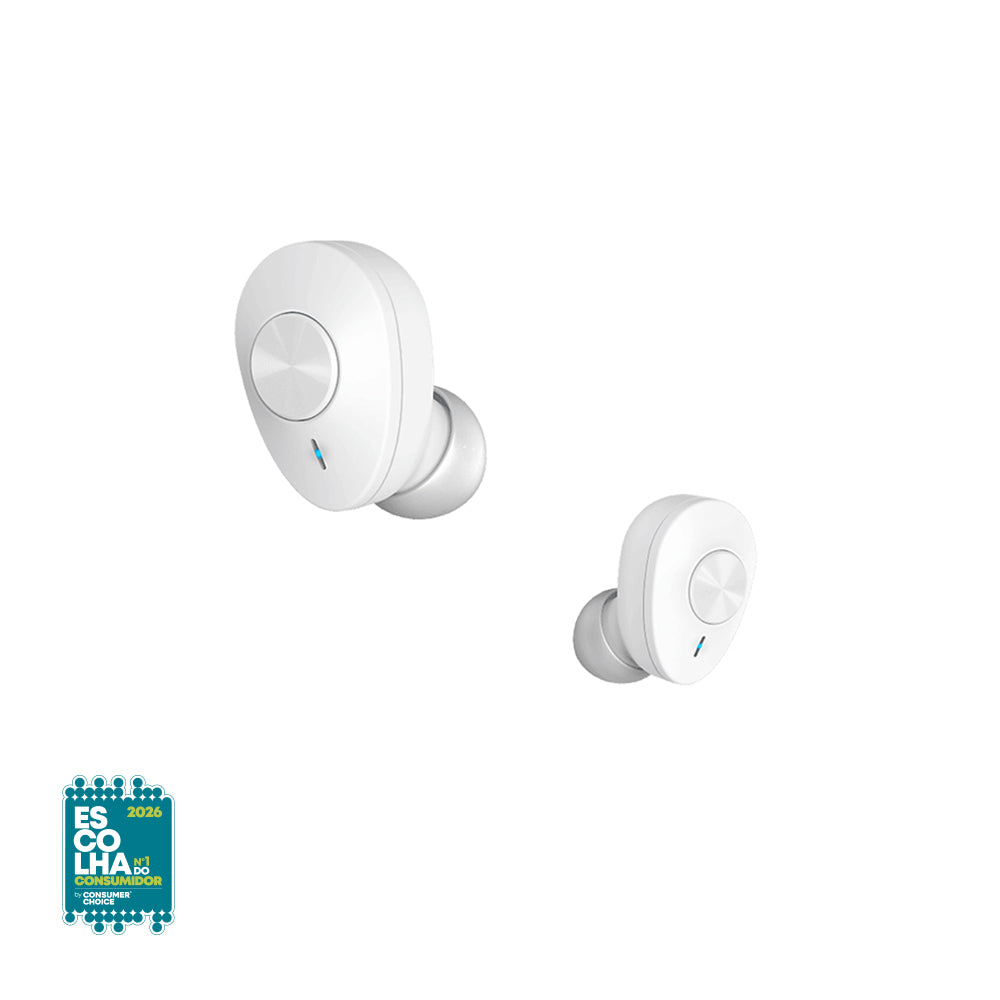 Auriculares Bluetooth in-ear Hama Freedom Buddy branco com acabamento em plástico, cabos finos e controles de áudio.