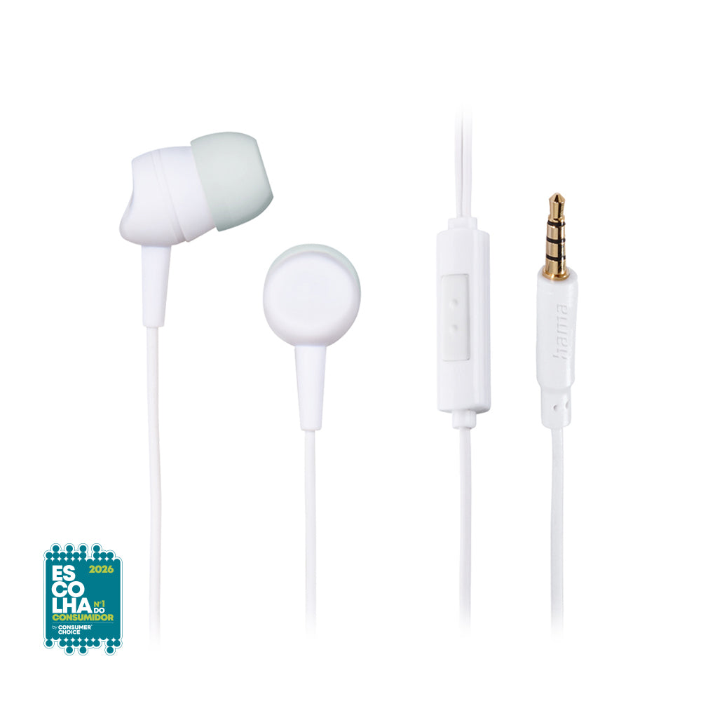 Auriculares in-ear brancos com entrada jack 3.5mm da Hama, com detalhes do cabo e conector visíveis na imagem.