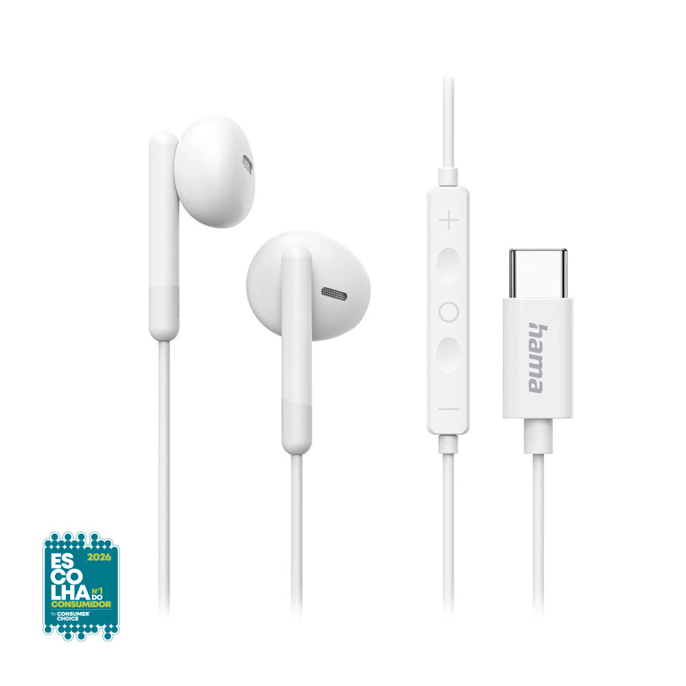 Auriculares USB-C branco da Hama com design elegante, som de alta qualidade e acabamento clean.