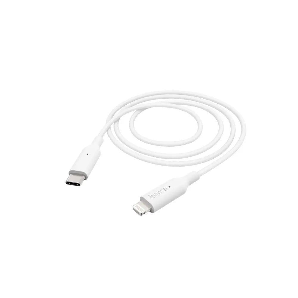 Cabo USB-C para Lightning branco de 1m da Hama, compatível com iPhone, ideal para carregamento rápido.