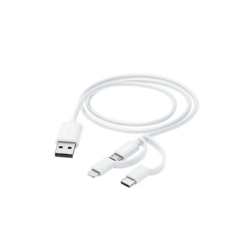 Cabo USB-C para Lightning e Micro USB branco da Hama, 1 metro, compatível com carregamento rápido, exibido na imagem.