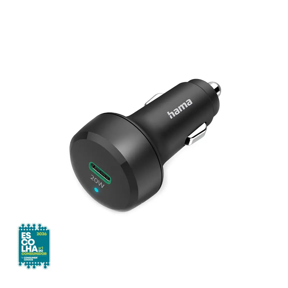 Carregador veicular USB-C PD/QC de 20W da Hama para isqueiro digital, compatível com dispositivos móveis e automóveis.