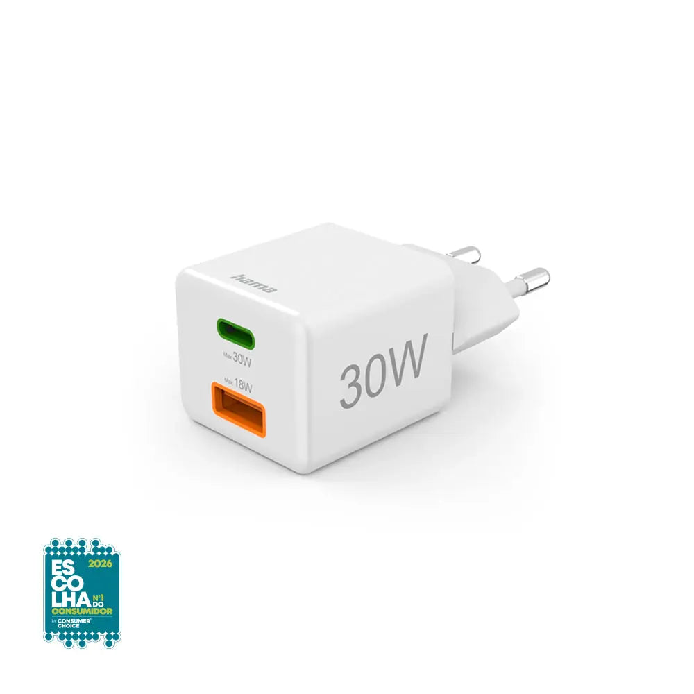 Carregador rápido USB-C e USB-A Hama 30W mini branco, compacto e eficiente para dispositivos móveis.