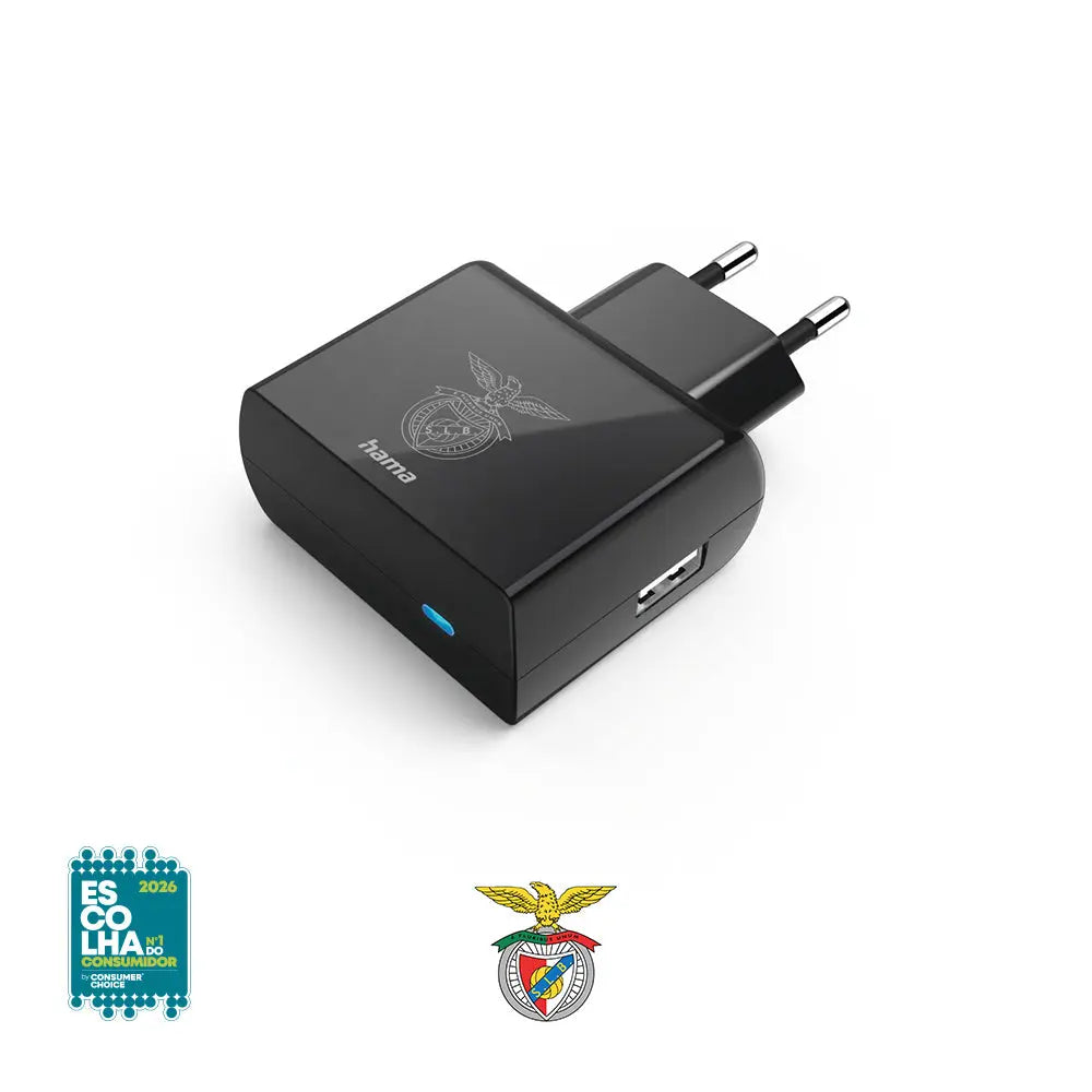 Carregador veicular USB-A de 12W Hama Benfica Preto para carros, compacto e compatível com dispositivos móveis.