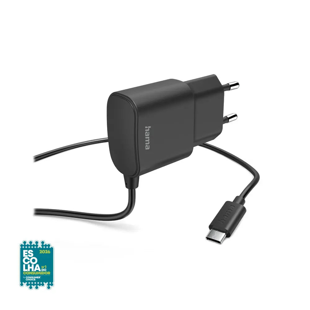 Carregador USB-C Hama de 12W com cabo de 1m preto, compatível com carregamento rápido para dispositivos móveis.