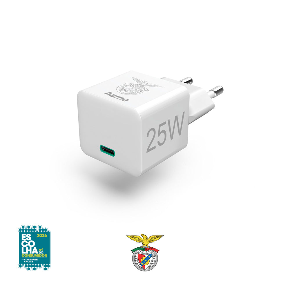 Carregador USB-C 25W PD/QC Rápido Hama Benfica branco para smartphones e dispositivos compatíveis.