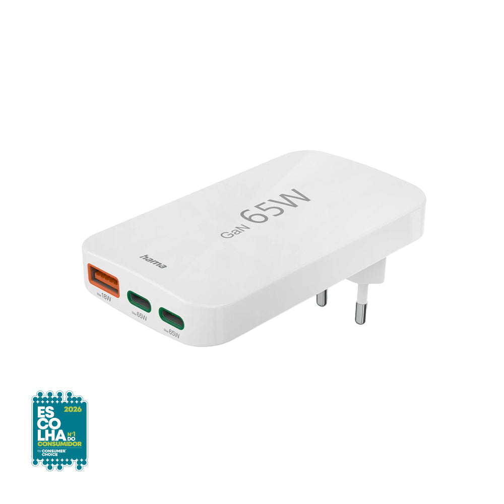 Carregador USB-C Hama de 65W com 3 portas, duas USB-C e uma USB-A, para carregamento rápido de dispositivos.