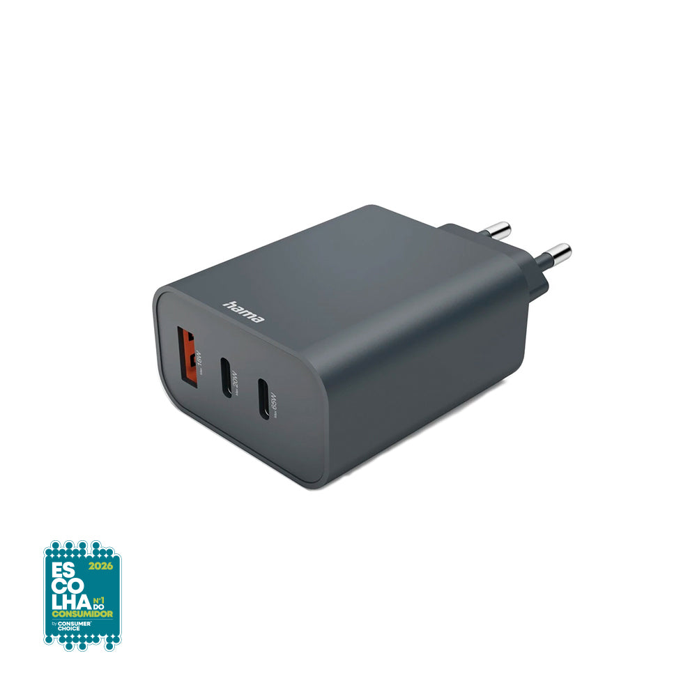 Carregador USB-C 65W Hama com 3 portas: USB-C e USB-A, cinza, para carregamento rápido de dispositivos eletrônicos