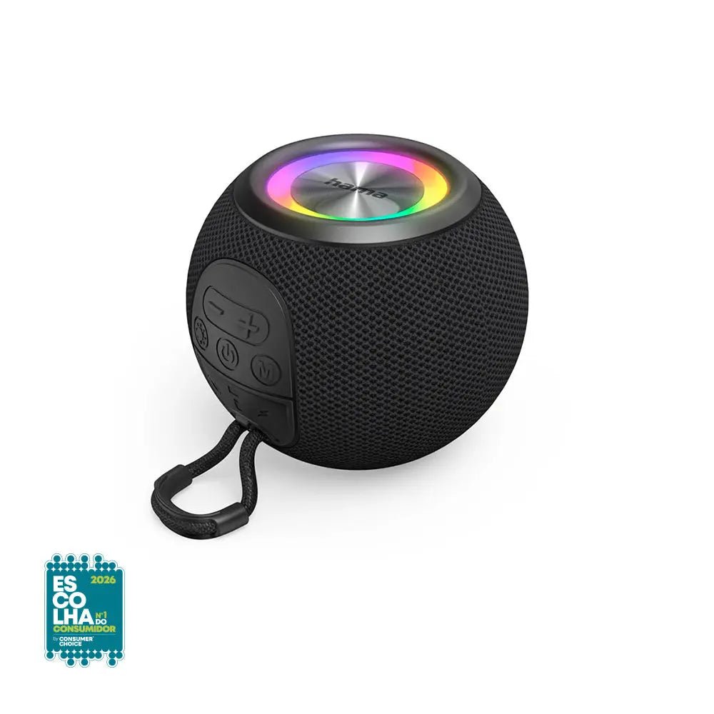 Coluna Bluetooth portátil Hama em formato de bola com LED preto, som e luz portáteis, ideal para ouvir música em qualquer lugar.