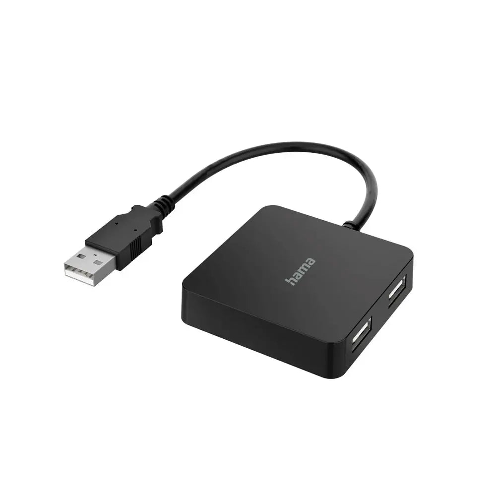 Hub USB-A 2.0 Hama com 4 portas, conexão rápida e prática, mostrado conectado a um computador com cabos USB.